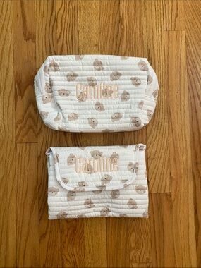 Personalized Quilted Diaper Pouch & Changing Mat in Cream with Beige Bear Motif